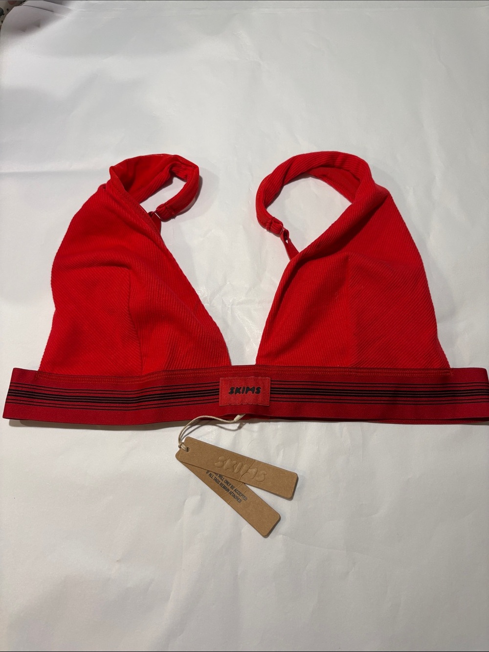 SKIMS Red Ribbed Logo-Striped Triangle Bralette
